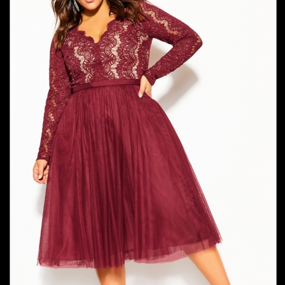 City Chic Rare Beauty Merlot Red Lace Nude Dress